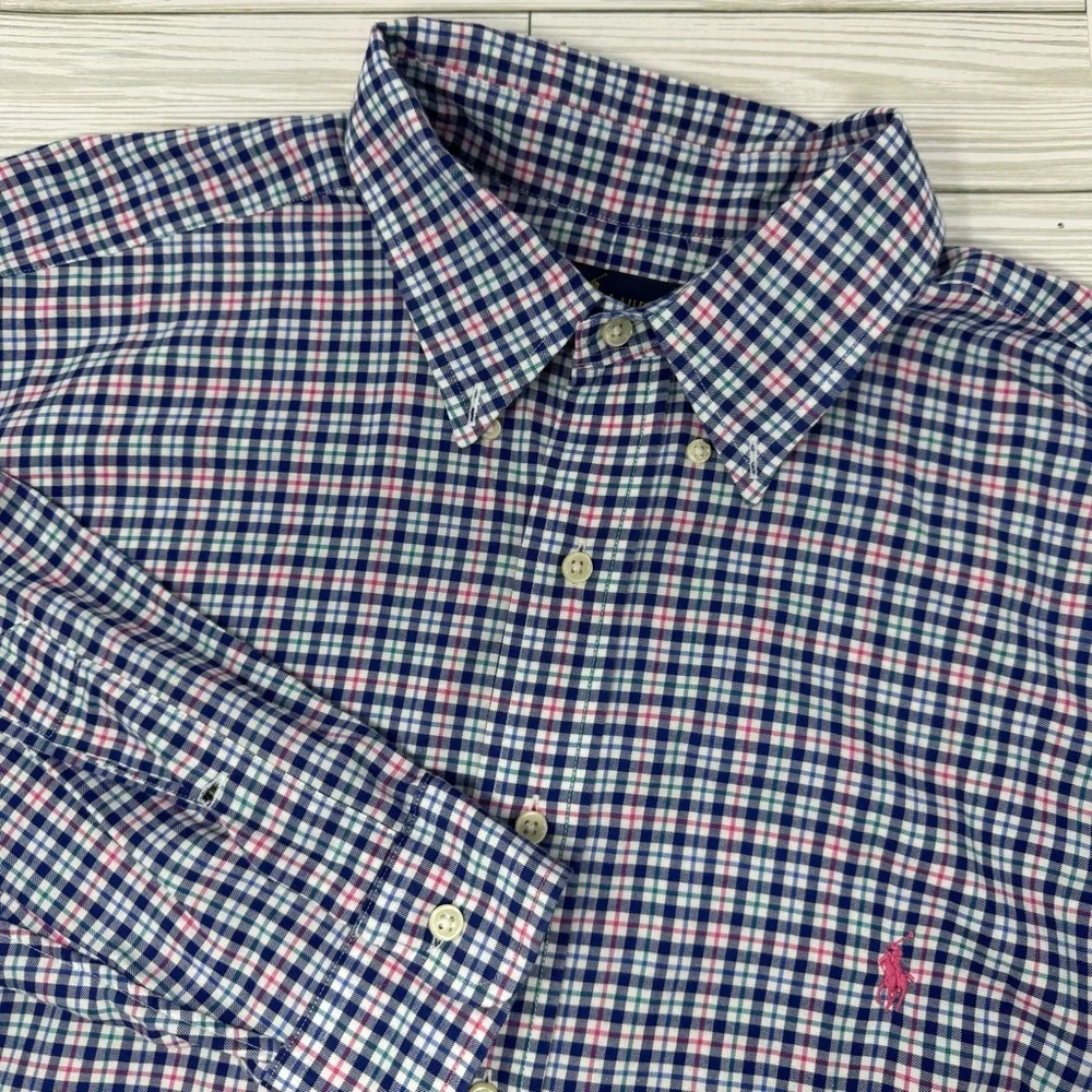 Polo by Ralph Lauren Mens 1XB Blue‎ and Pink Casual Button Down LS Shirt